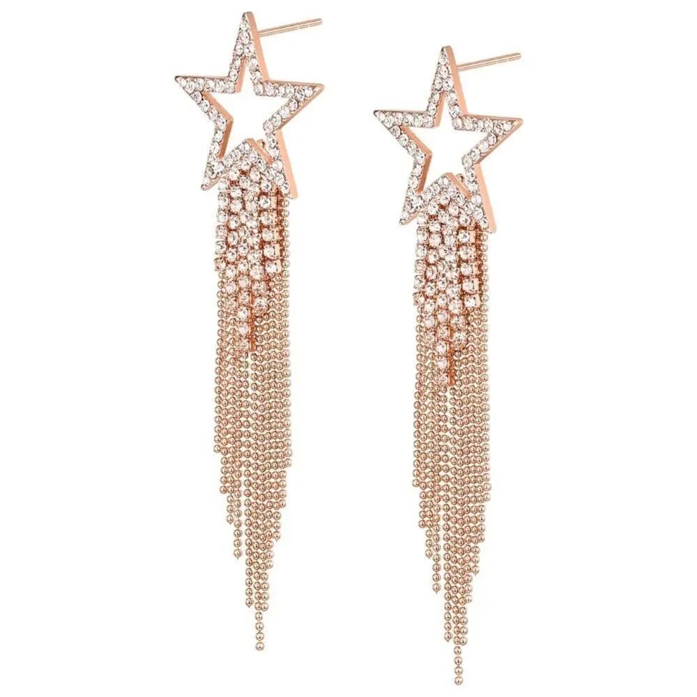 Rose Gold with White Diamond Crystal Star Beaded Tassel Post Back Drop Earrings